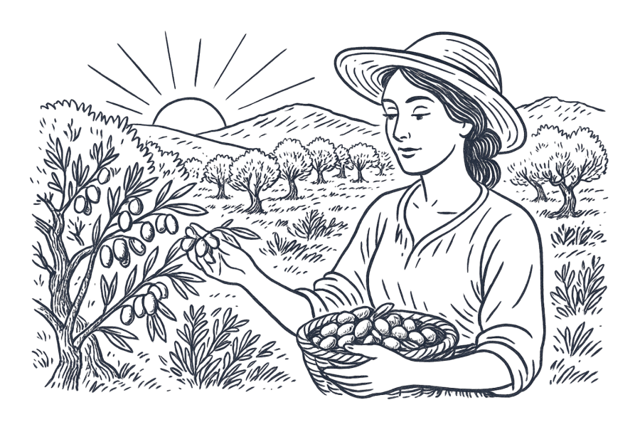 Symboliczna prasa lub młynek do oliwek z prostym napisem drip (jak na Twoim pierwszym rysunku). Krople oliwy spływające z kranu lub prasy – w klimacie retro. Może małe serduszko lub promień słońca(11)